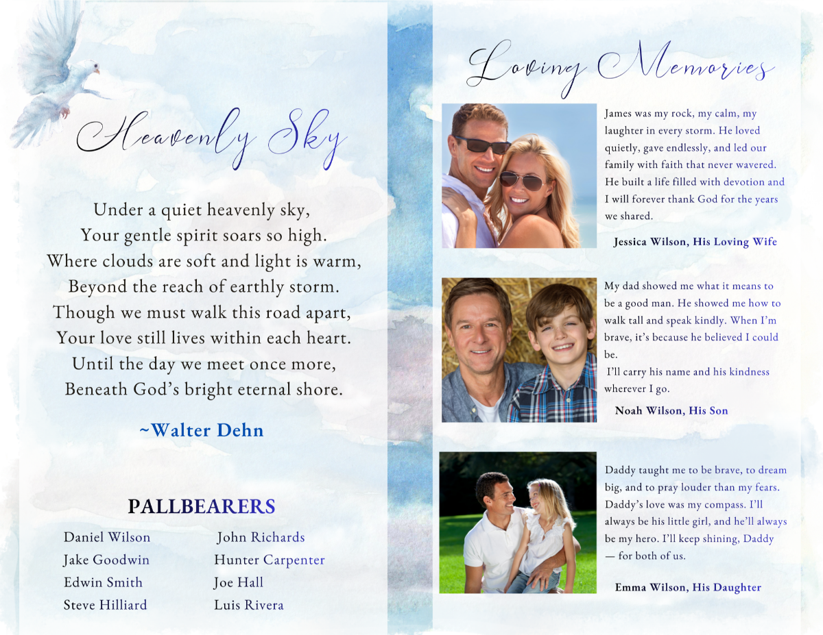 Poem and loving memories pages featuring ocean-themed backgrounds with space for family tributes, reflections, and meaningful photographs.