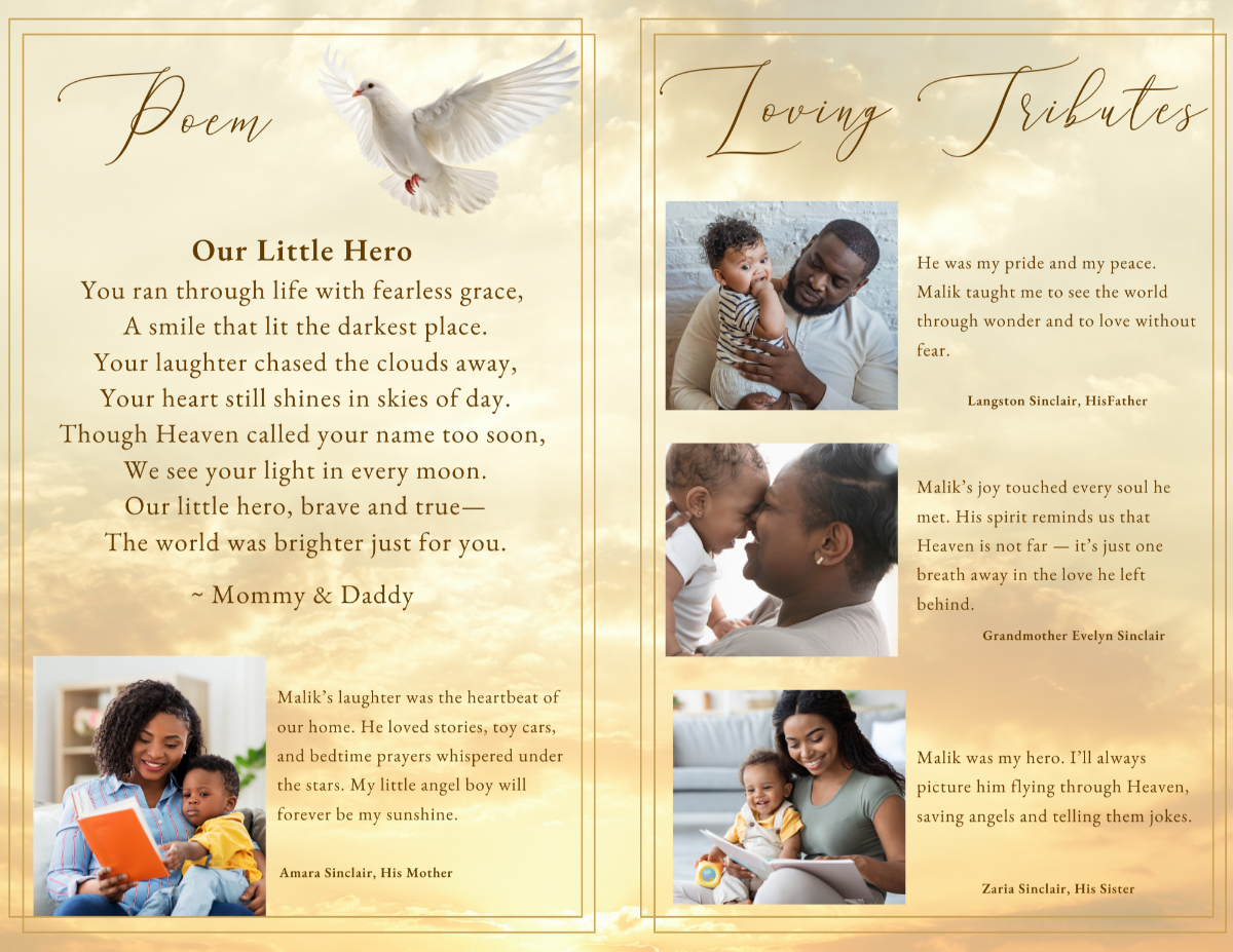 Memorial poem page with gold sky backdrop and dove graphic, paired with loving tribute messages and photos of family members.