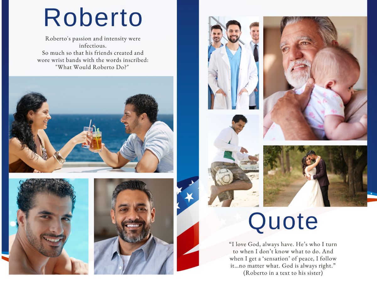Photo collage layout from the Stars and Stripes Navy memorial program displaying multiple personal photos and a meaningful quote section, complemented by soft patriotic banner graphics.