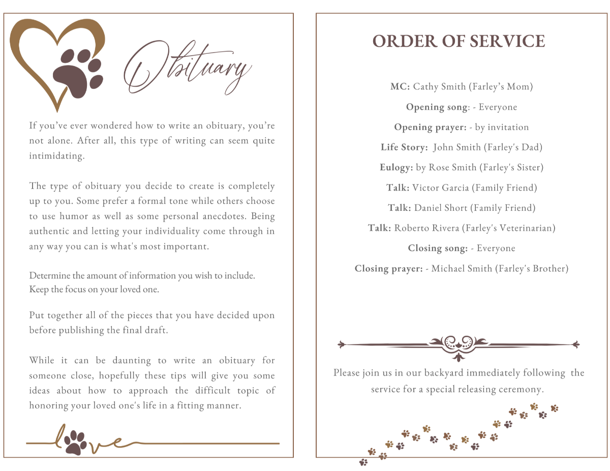 Interior pages displaying obituary text and order of service layout surrounded by soft brown tones and elegant paw-print elements.