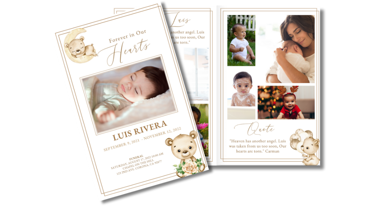 Program layout showing front and back pages with soft brown tones and gentle bear illustrations.