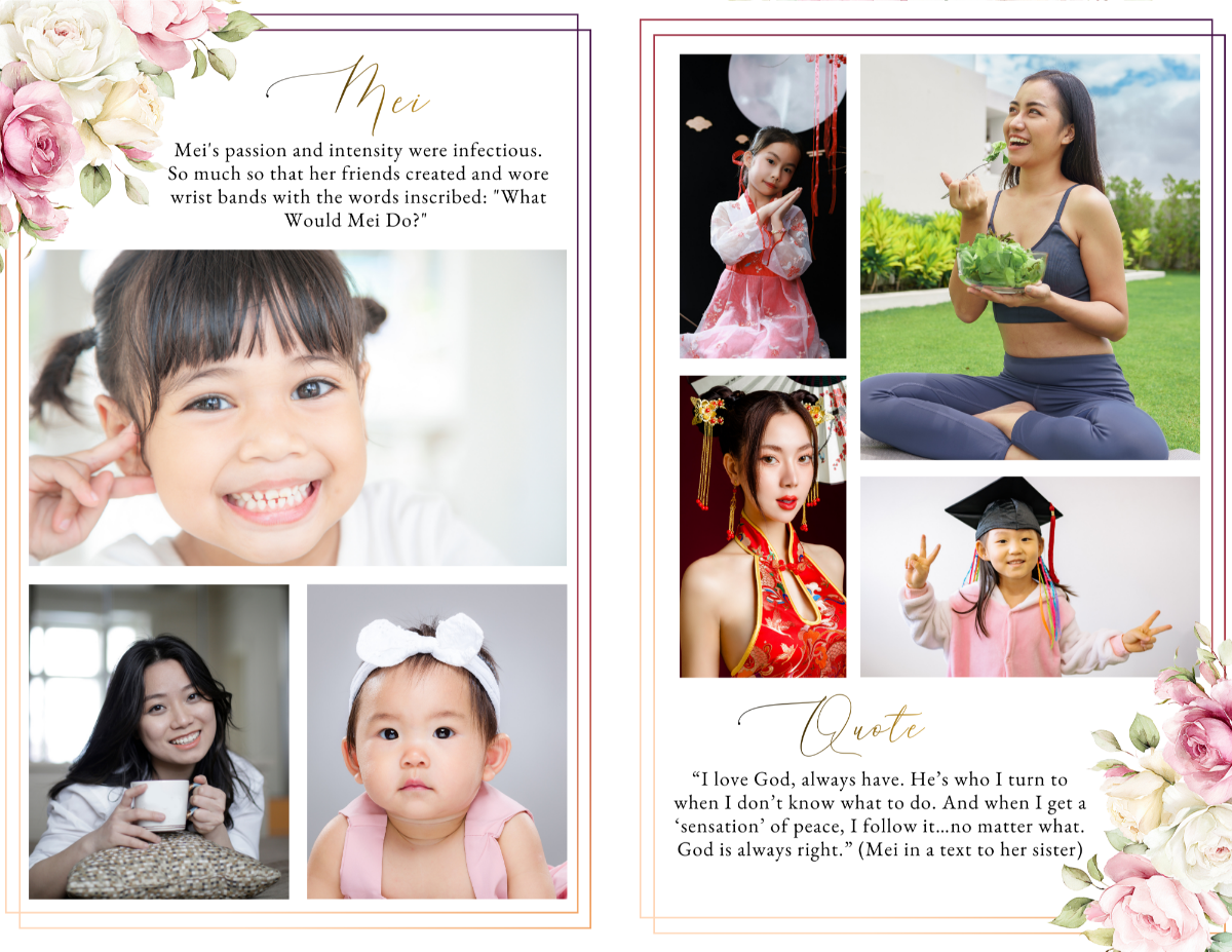 Inner photo-collage spread with multiple lifestyle images of the loved one, champagne pink, burgandy rose accents, gold frames, and a heartfelt personal quote centered below the photos.