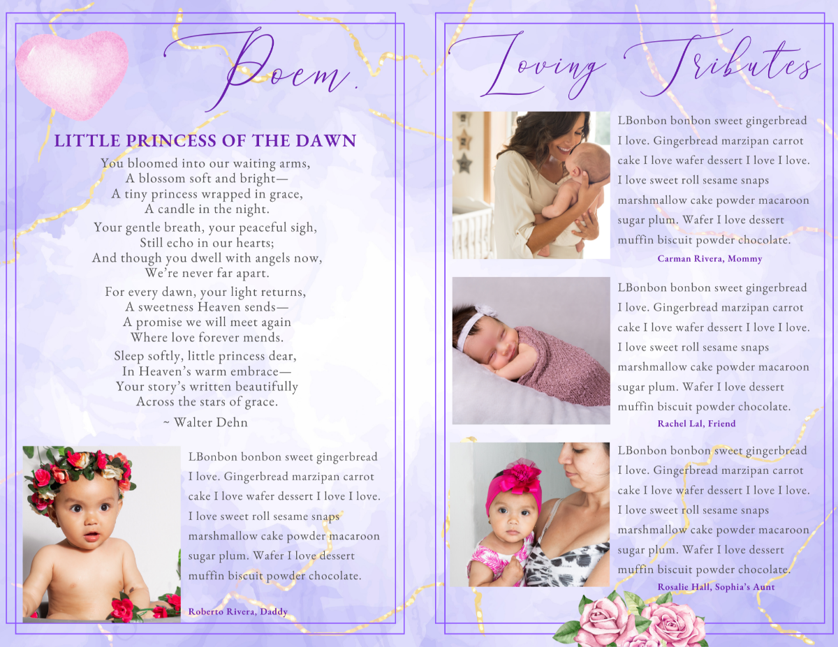 Poem and loving tributes page with baby photos, heartfelt messages from family members, and soft lavender watercolor background with gold marbling details.