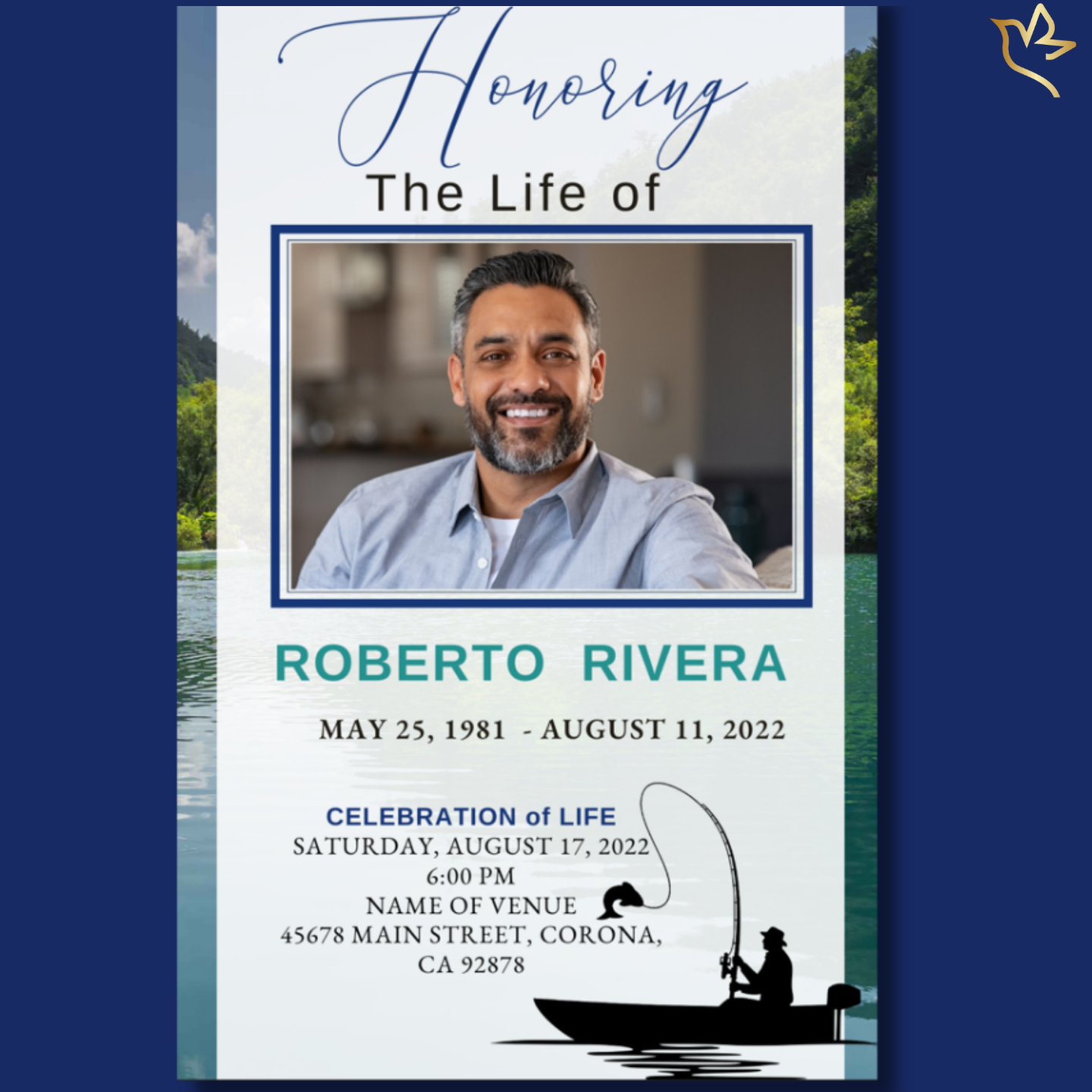 Lake Fishing memorial program cover with photo of man, lake background, and fishing silhouette