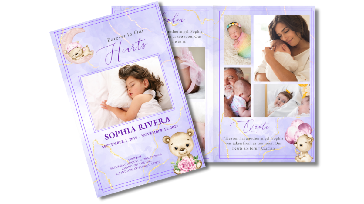 Front cover design featuring a peaceful sleeping child, crescent moon illustration, teddy bear holding flowers, and soft lavender background symbolizing comfort and eternal love.