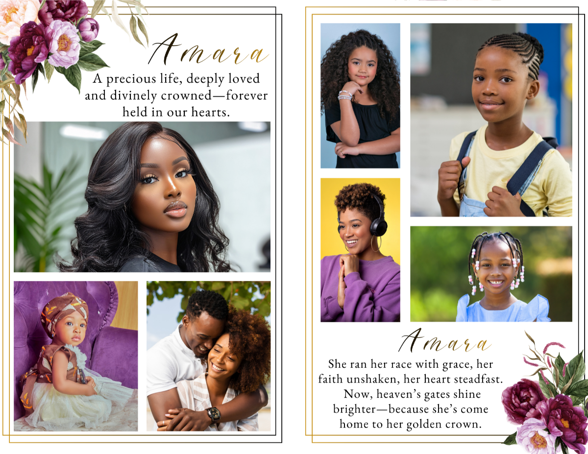 Photo collage tribute spread featuring childhood, family, and life milestone portraits arranged in balanced layouts with rich peony floral accents.