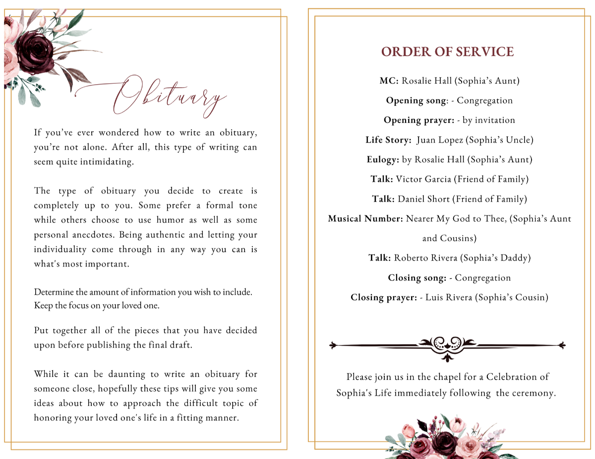 Obituary and order of service pages framed in elegant florals and soft gold lines.