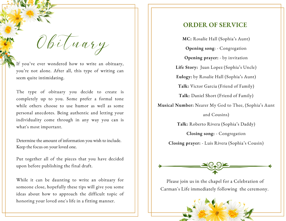 InObituary and order of service pages with floral corners and soft gold lines.