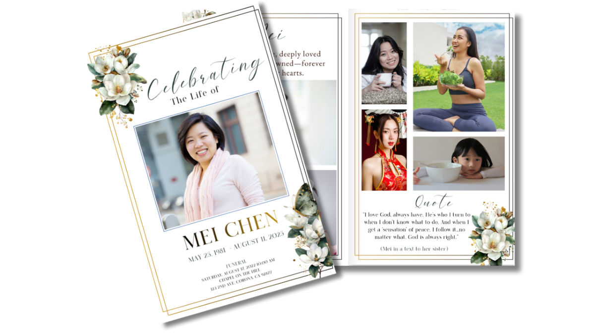 Front cover displayed beside open interior pages showing the coordinated magnolia floral theme across obituary, photo collage, poem, and tribute layouts.