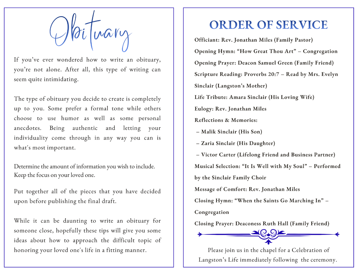 Obituary and Order of Service pages featuring elegant script headings, balanced text sections, and classic blue divider accents for a dignified and faith-centered service layout.