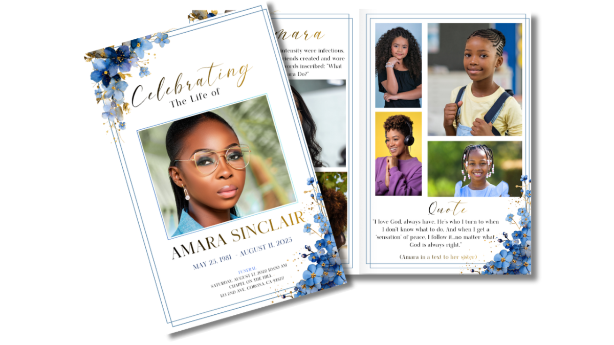 Front cover displayed beside open interior pages, showing the deep blue forget-me-not floral theme coordinated across obituary, collage, poem, and tribute layouts.
