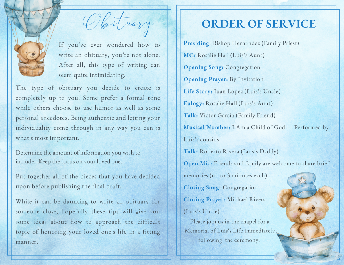 Obituary and order of service pages with blue watercolor design, hot-air-balloon teddy illustration, and navy text layout for ceremonies and speakers.