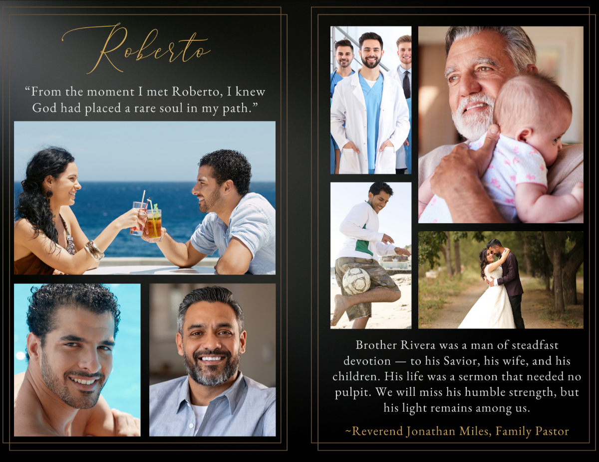 Family tribute spread featuring multiple lifestyle photos, gold script heading ‘Langston,’ and pastor’s written tribute on black backdrop.