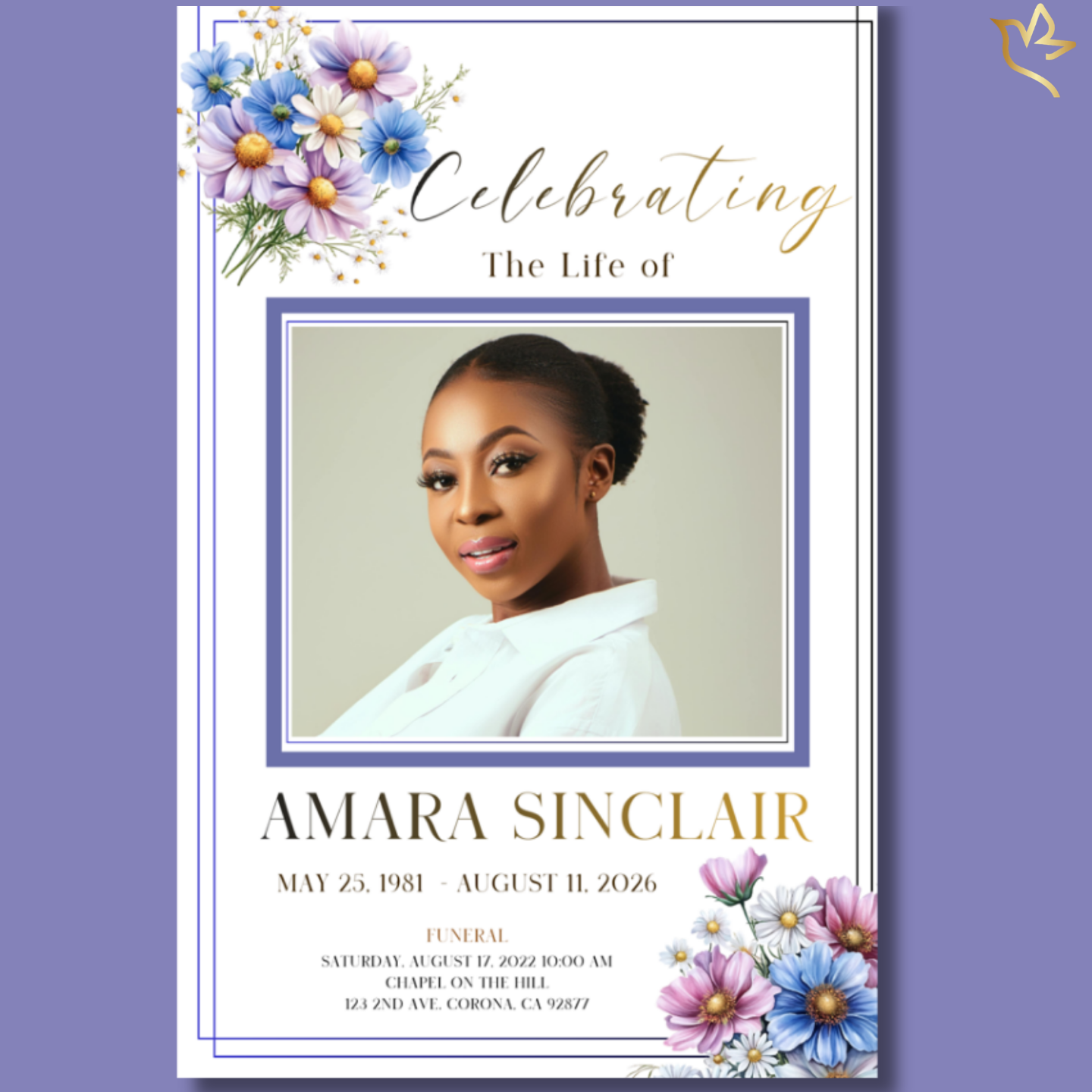 Eternal Daisies funeral program cover featuring soft blue, lavender, and white daisy florals with gentle greenery framing a centered portrait on a light ivory background with elegant memorial typography.