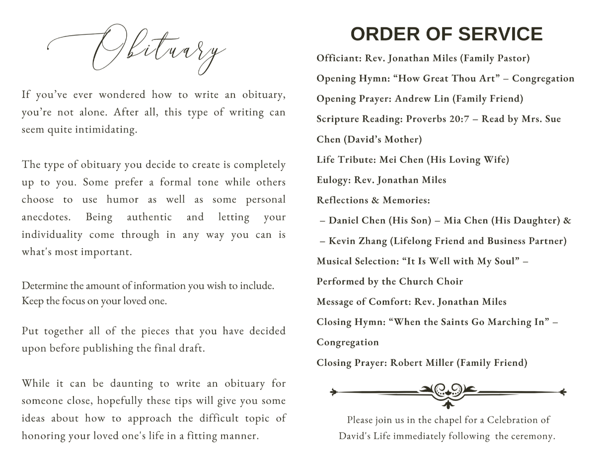 Interior pages presenting obituary text and order of service in a structured, easy-to-read format with elegant typography and balanced spacing.