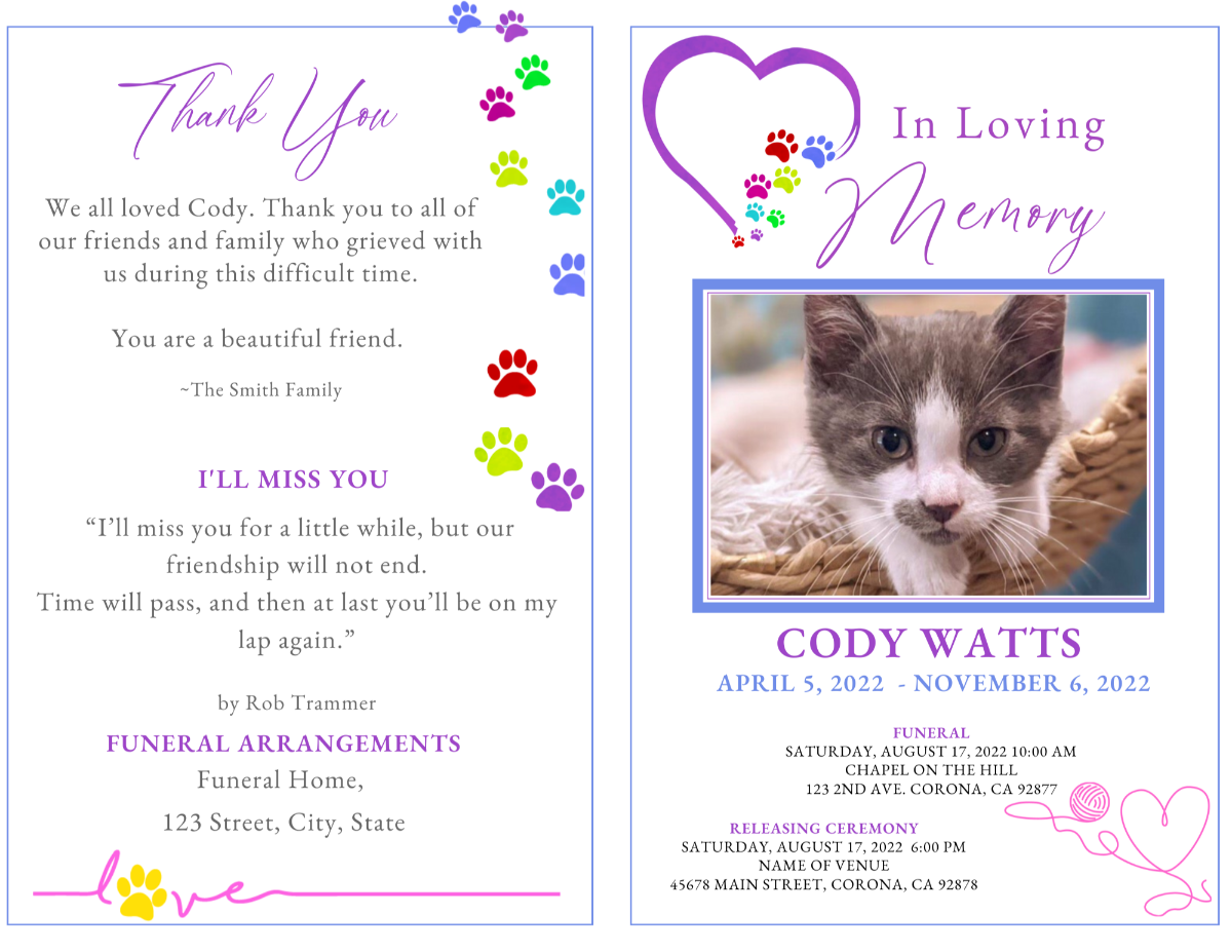 Two-page layout showing thank-you message and “In Loving Memory” cover with cat photo and rainbow theme.