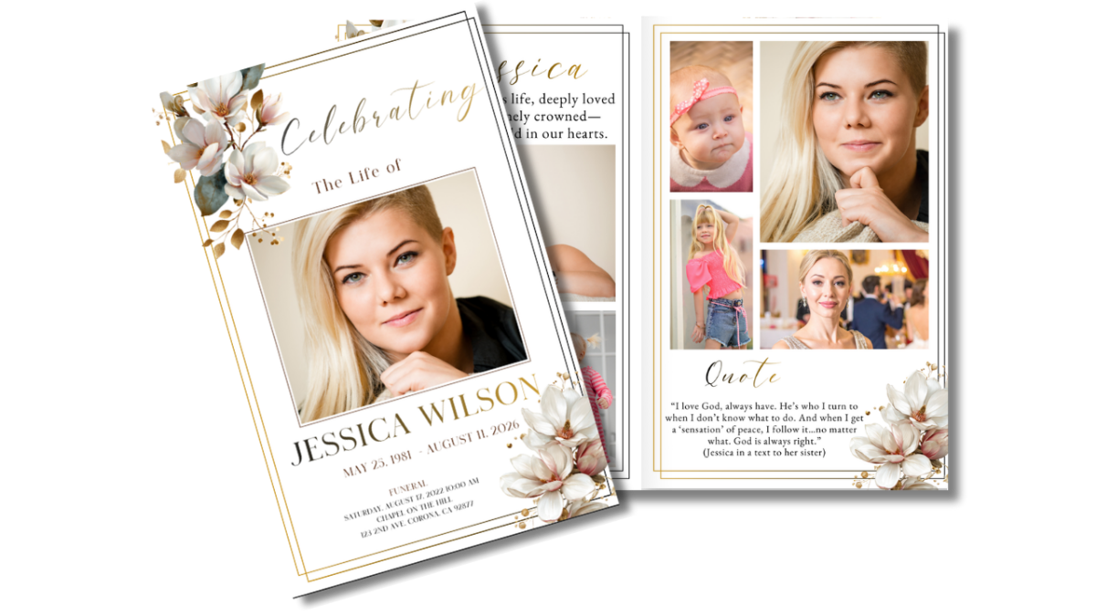 Front cover displayed beside open interior pages showing the elegant magnolia floral theme coordinated across obituary, collage, poem, and tribute layouts.