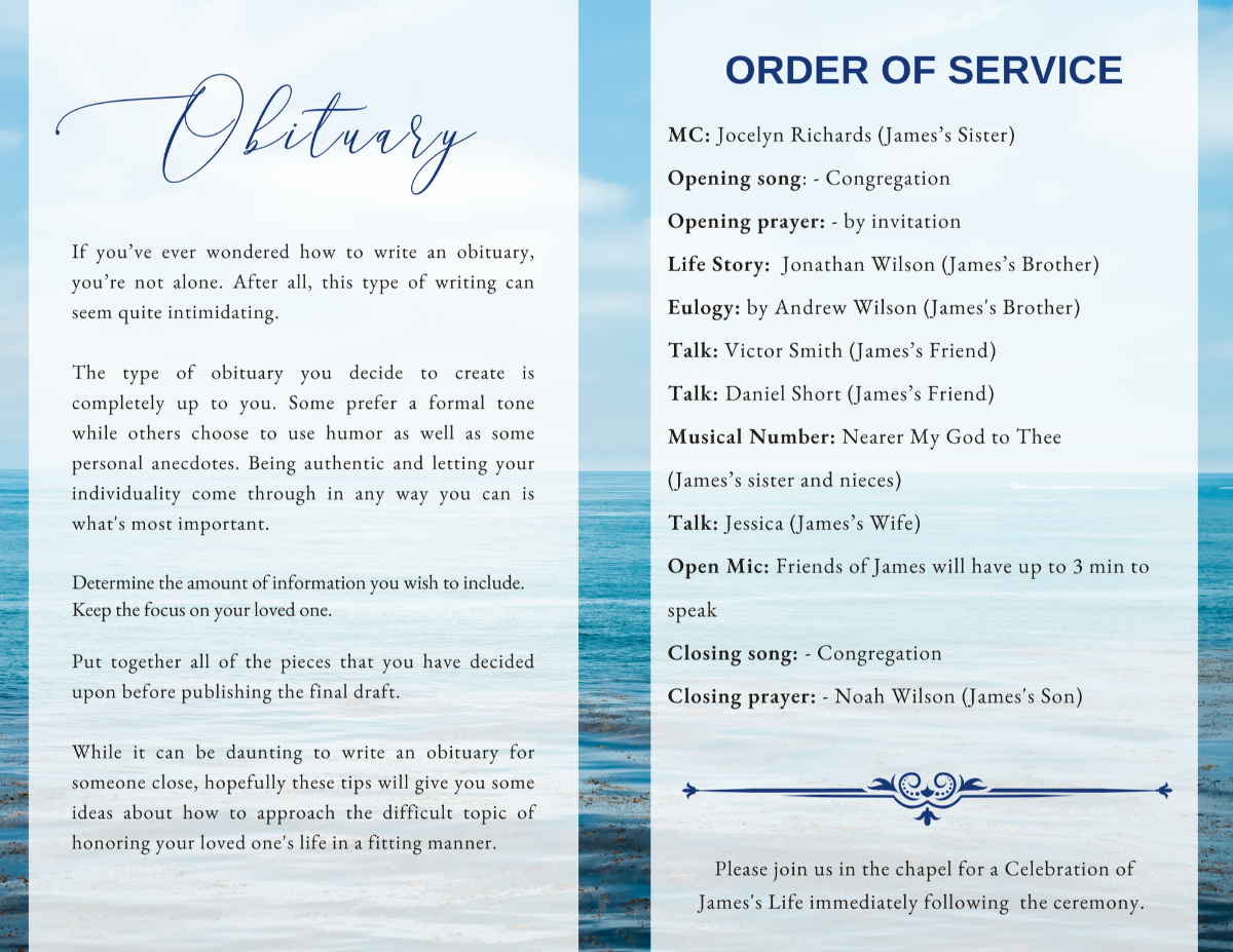 Obituary and order of service layout in calm blue tones with subtle sea textures.