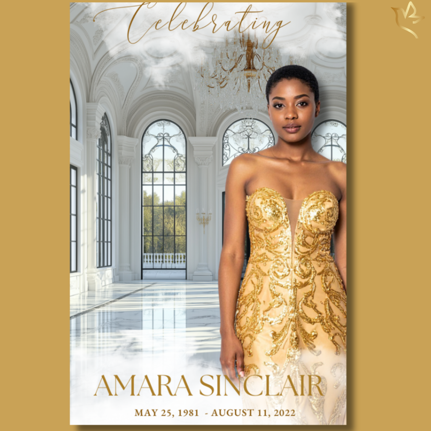 Elegant golden-themed funeral program cover featuring a woman in a shimmering gold gown, standing in a white palace hall with chandeliers and arched windows; “Celebrating” headline above her and memorial details below.