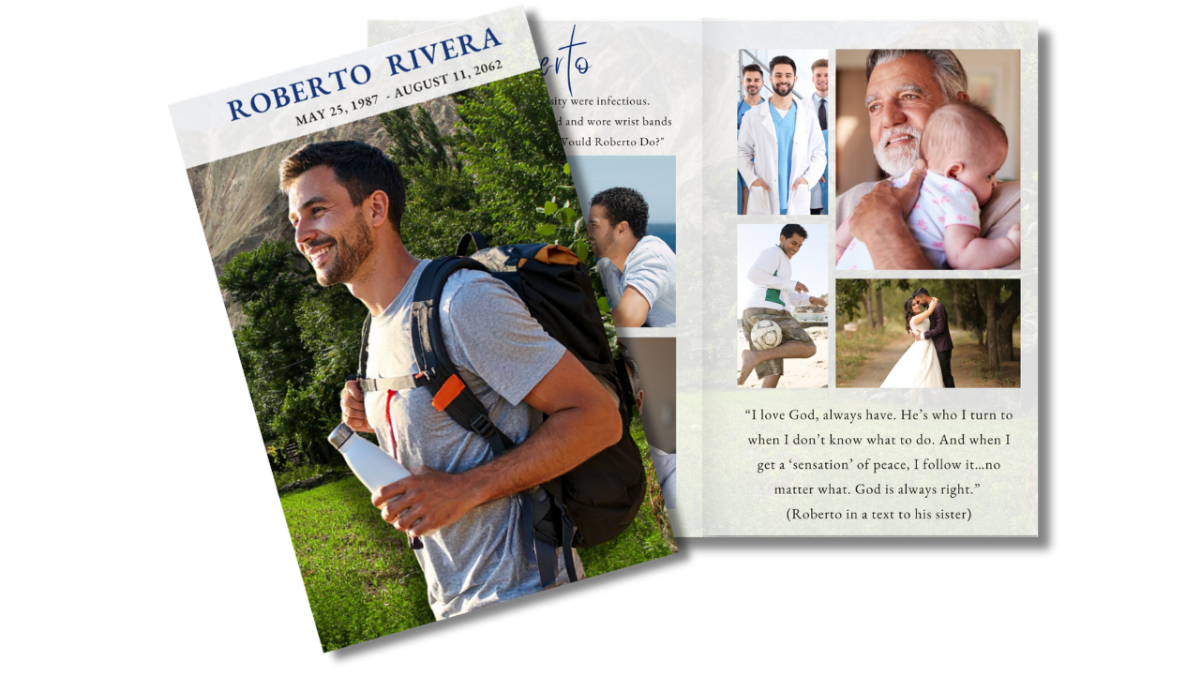 Front cover featuring a man hiking outdoors alongside an open layout displaying personal photos and life moments in a nature-inspired design.