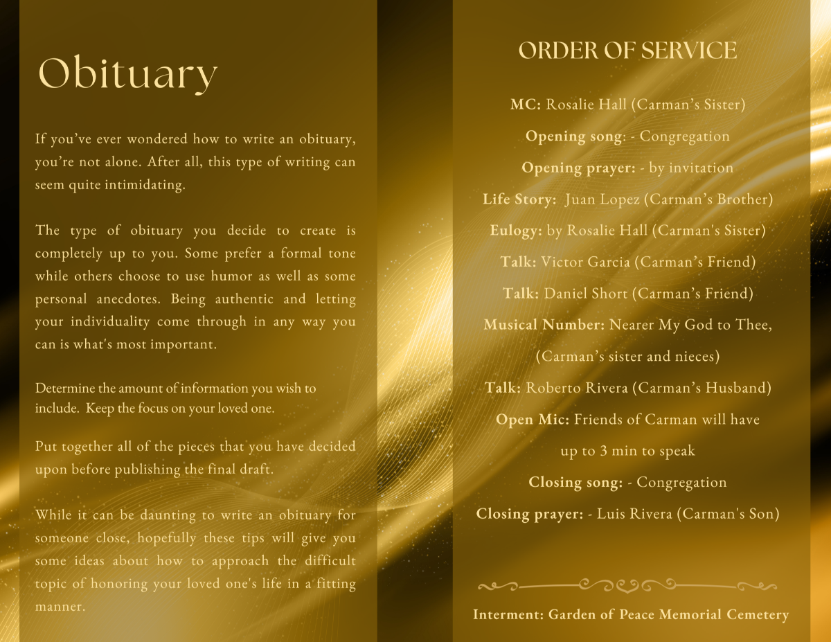 Inside obituary and order of service pages of the Her Golden Crown funeral program with gold textured background, classic serif headings, and structured service details.