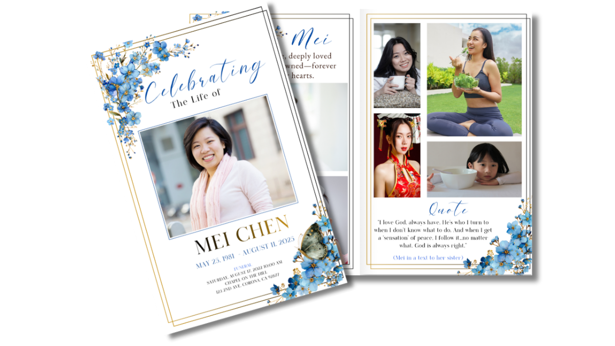 Front cover displayed flat showing blue forget-me-not florals in the upper left and lower right corners, gold double-line border, centered portrait frame, and elegant name and dates beneath.