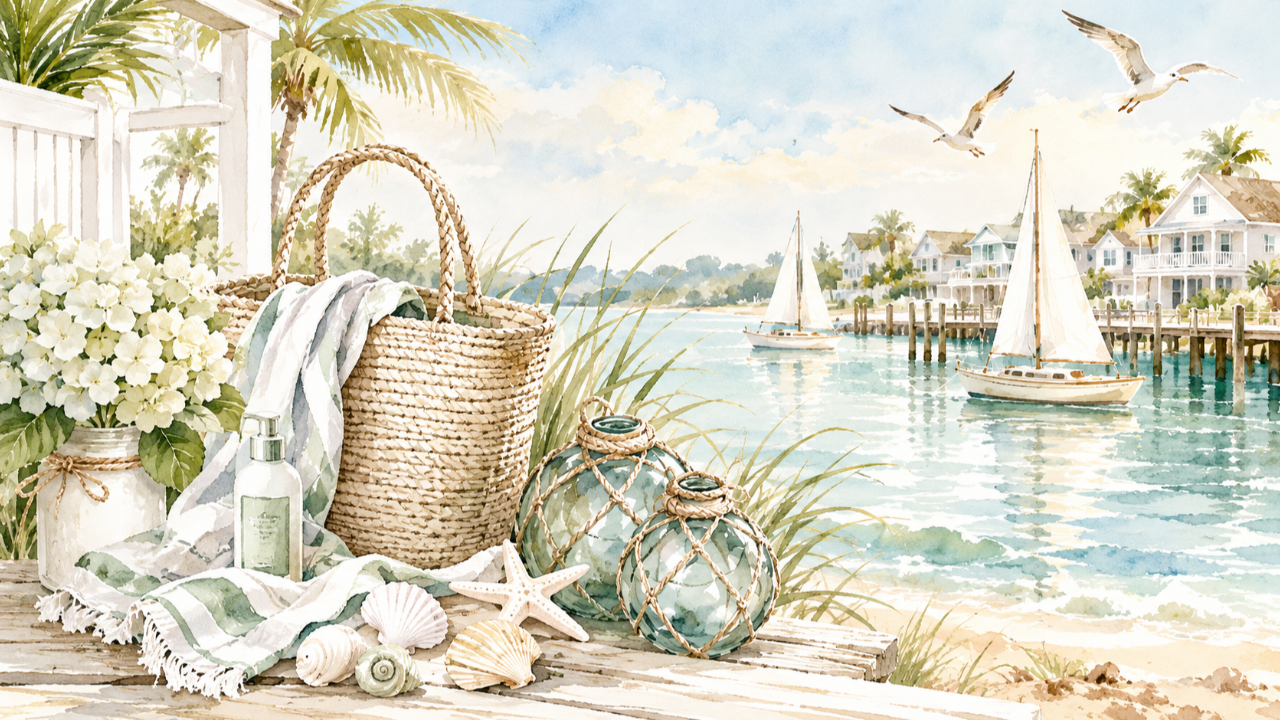 Peaceful watercolor coastal scene with sailboats, seashells and beach details for a coastal funeral program template.