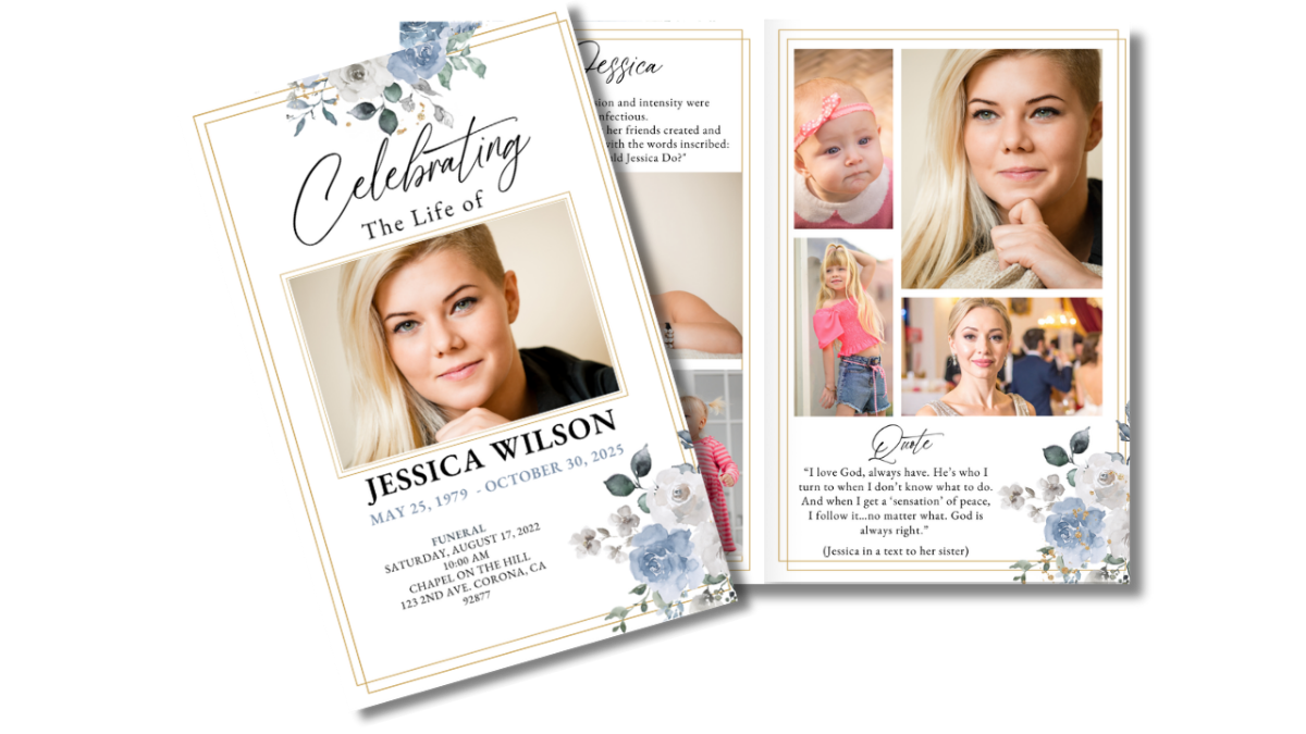 Program spread showing front cover and thank-you page with blue floral accents.