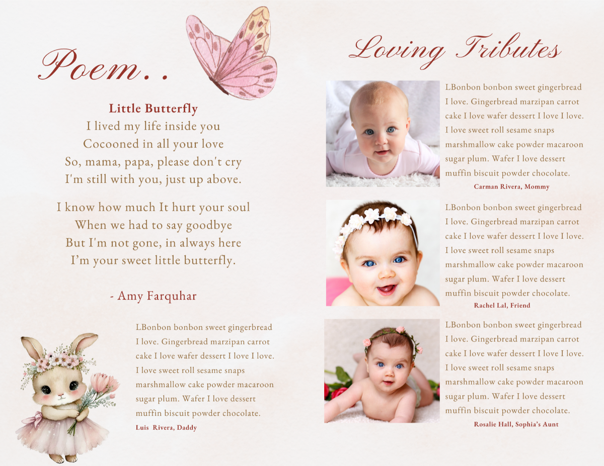 Expanded 8-page Ballerina Bunny memorial program layout including photo collages, poems, tributes, and loving messages.