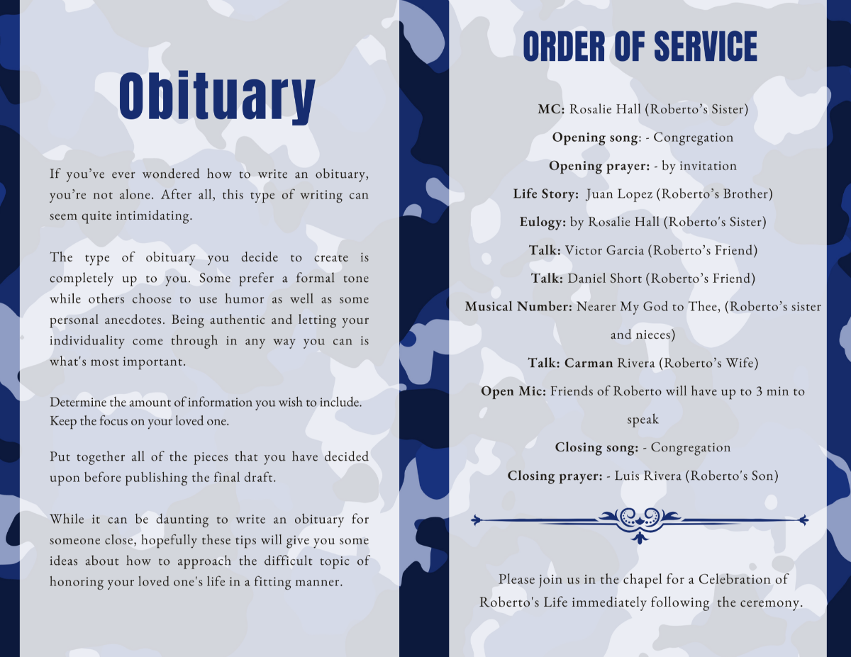 Obituary and order of service pages in navy blue and gray camouflage layout.