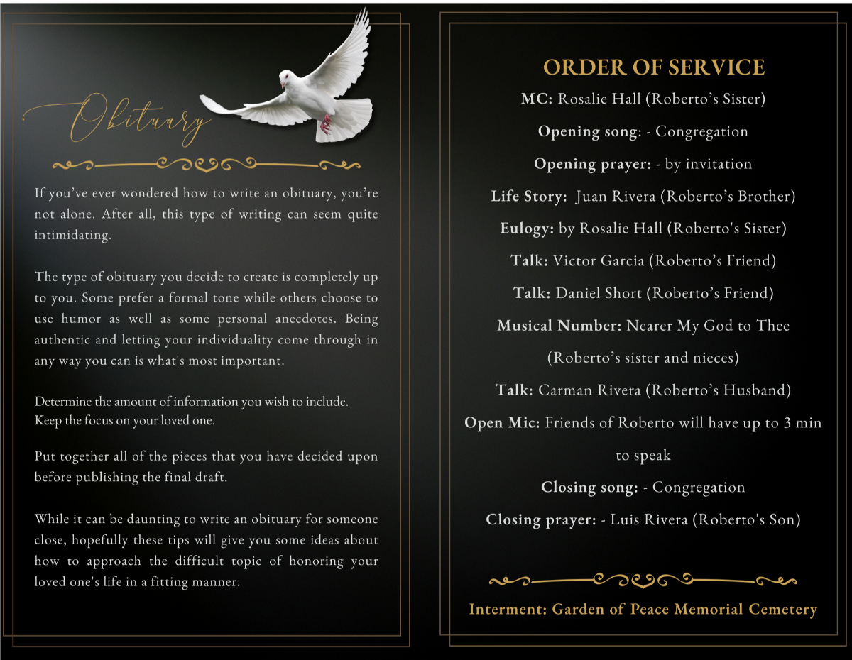 Obituary and order of service pages with white dove illustration, gold headings, scripture readings, musical selections, and interment details.