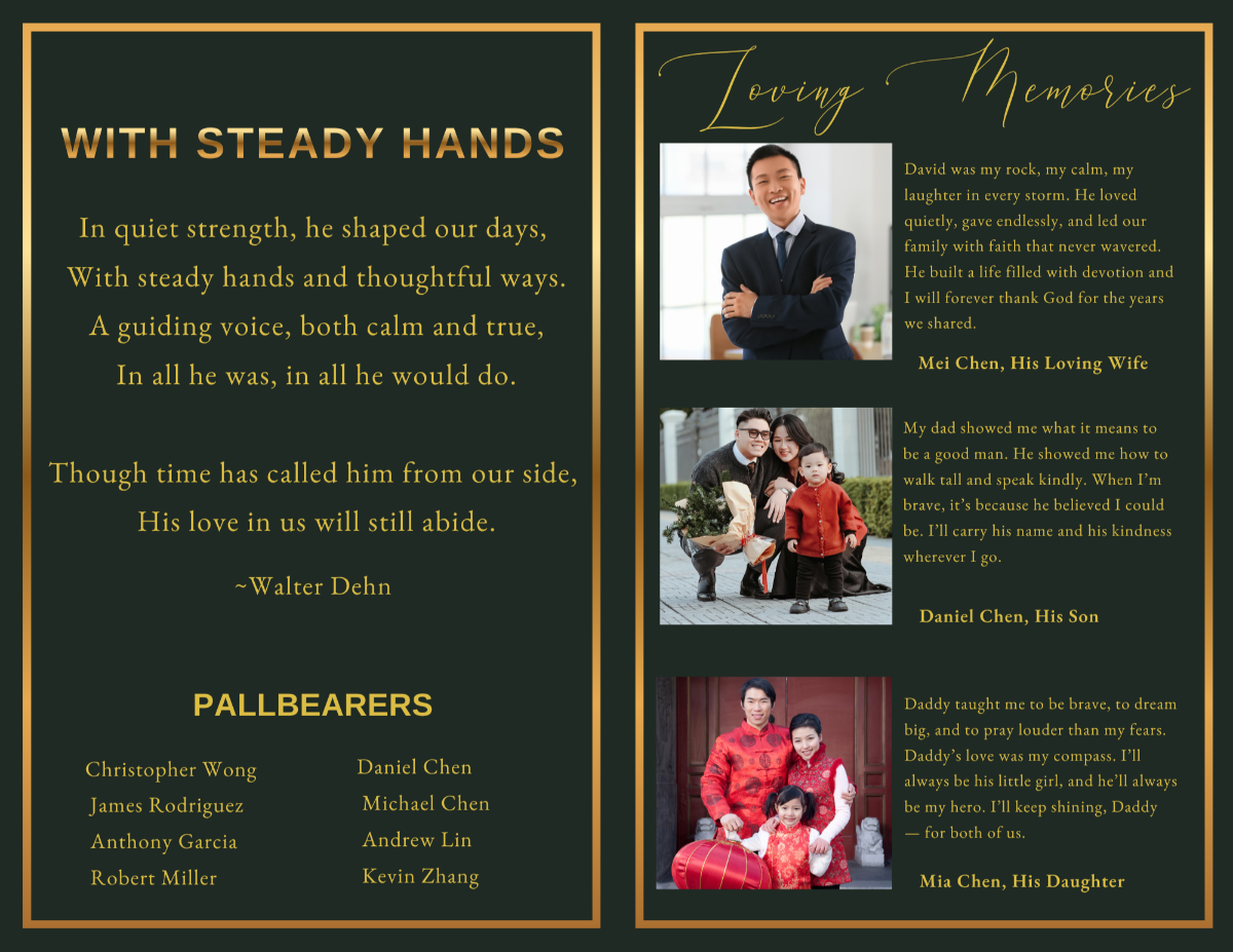 Steadfast Legacy memorial poem and loving memories pages featuring heartfelt tributes, family reflections, cherished photographs, pallbearer acknowledgments, and personal memories honoring a beloved man.