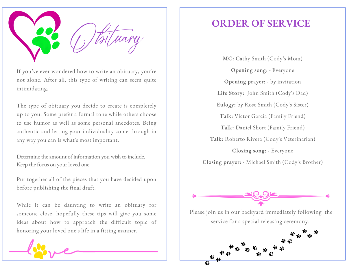 Obituary and Order of Service pages with rainbow paw prints and elegant purple accents, perfect for a cat memorial.