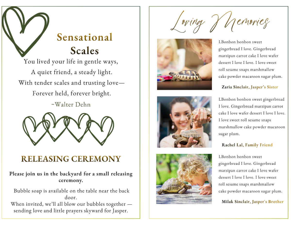 Memorial pages featuring heartfelt poetry, family photographs, loving tributes, and remembrance ceremony ideas honoring a cherished reptile companion.
