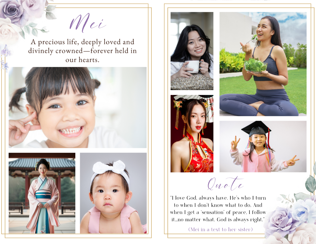 Loving Memories pages featuring portrait photographs and written tributes arranged beside soft lavender floral corner accents and gold borders.