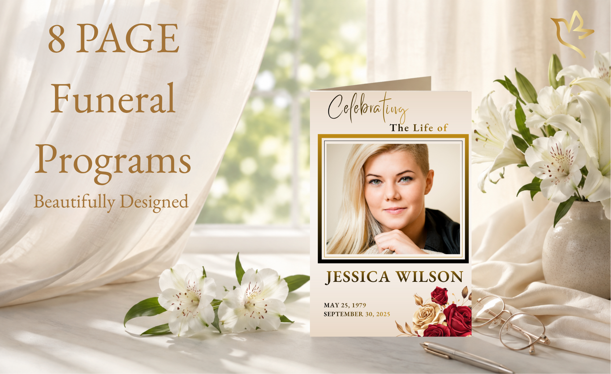 Elegant women’s funeral program template featuring a memorial portrait and coordinated floral design.
