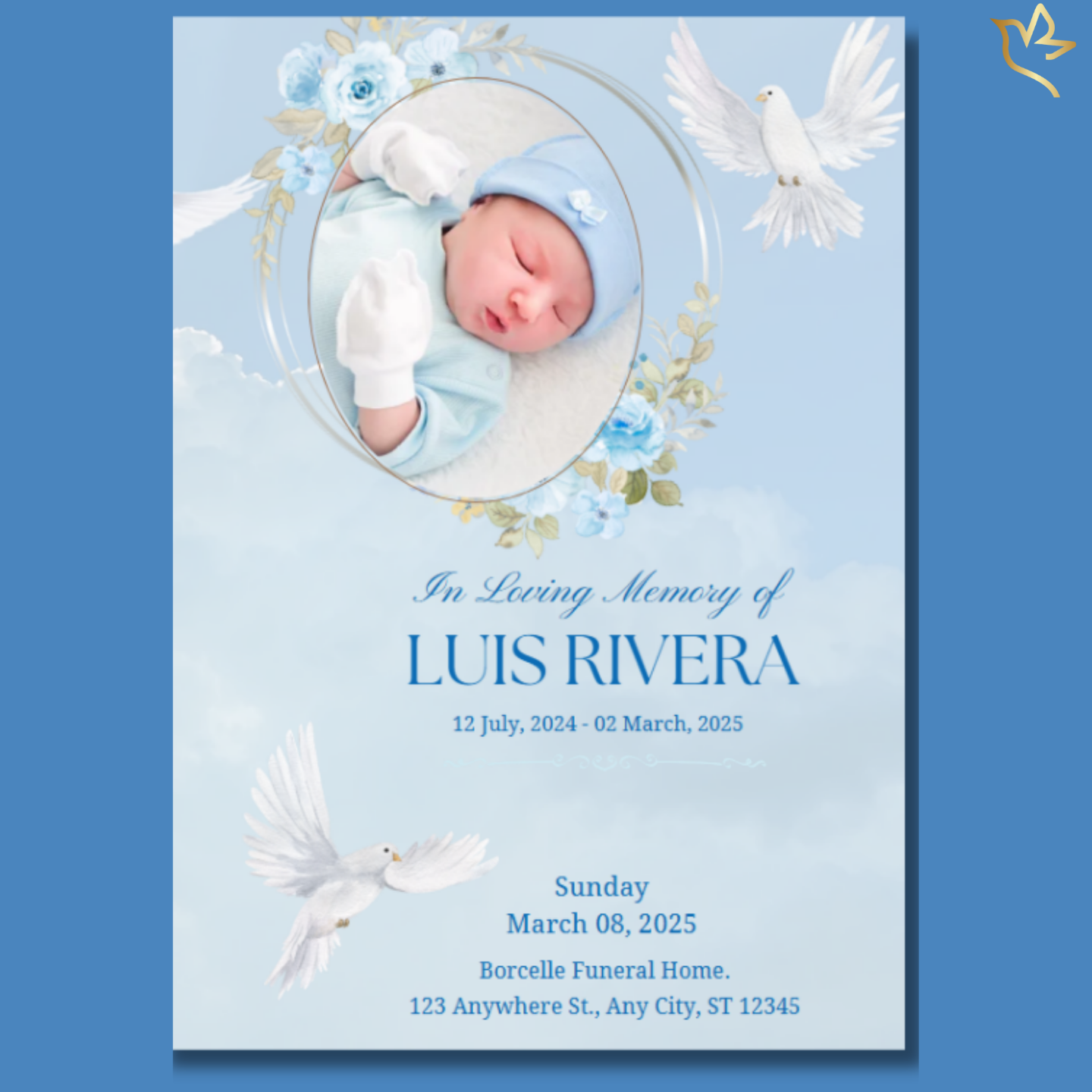 Front cover of Heaven’s Tiny Angel Funeral Program Template featuring baby boy photo with dove and sky design.