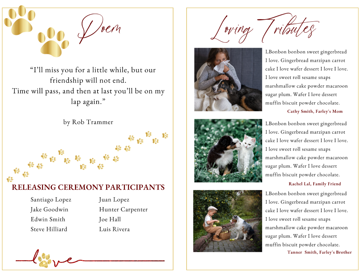 Poem and loving tributes pages with heart and paw motifs in gold and red tones.