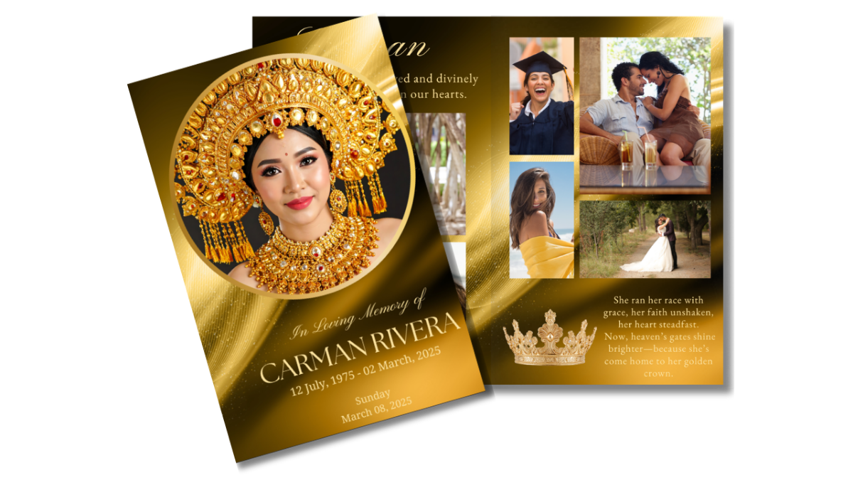 Front cover and open photo collage pages from the Her Golden Reward funeral program template with gold circular poem design, memorial dates, and large portrait photo.