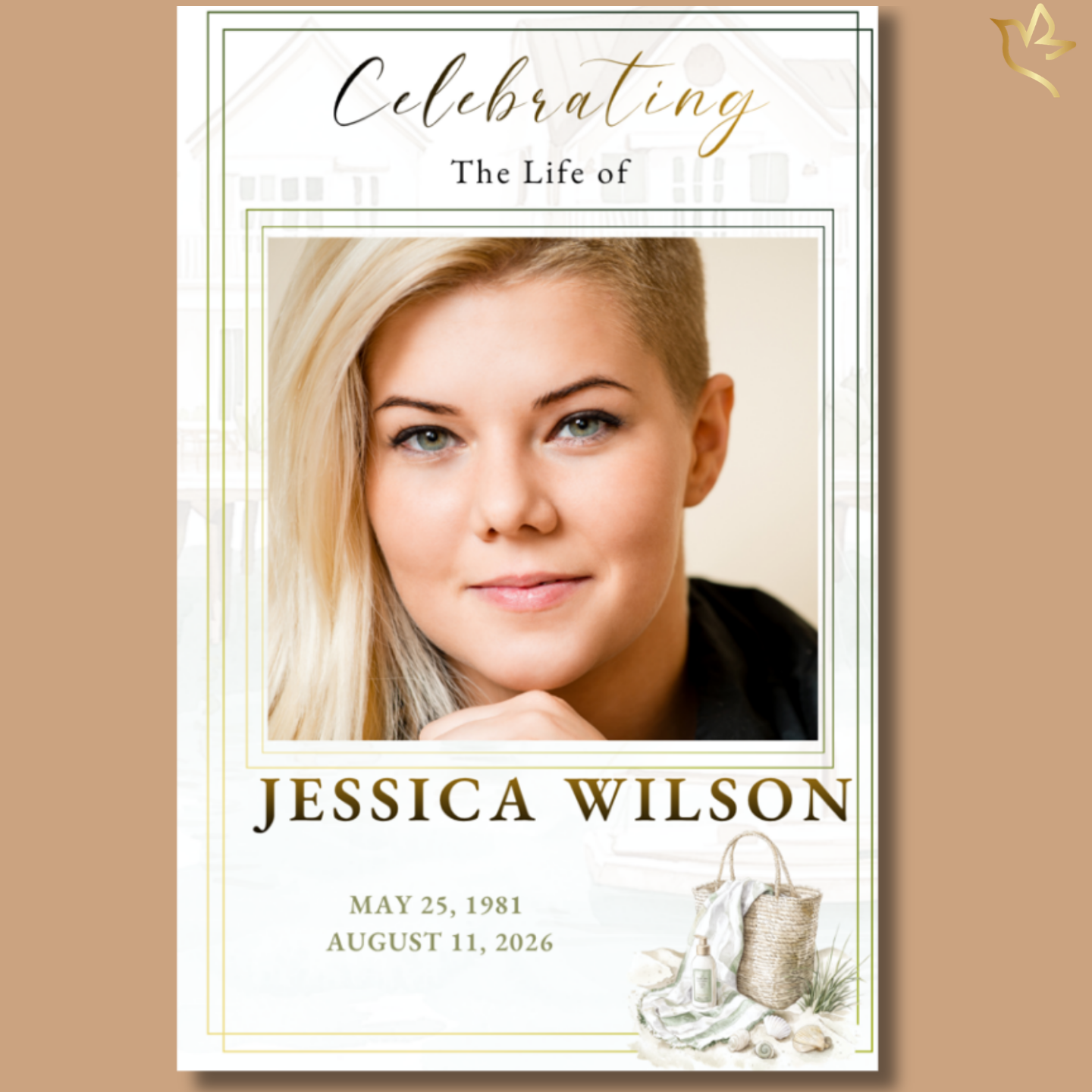Coastal Serenity funeral program template featuring a peaceful coastal memorial design with soft seaside watercolor artwork, elegant script typography, subtle beach-inspired accents, and a timeless portrait layout created to celebrate the grace, faith, love, and enduring legacy of a beloved woman.