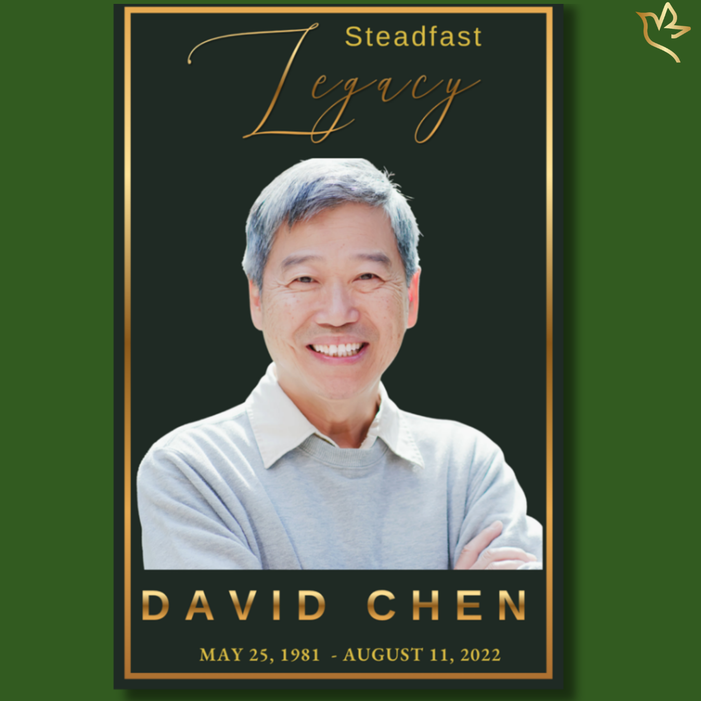 Steadfast Legacy funeral program template featuring a distinguished dark green and gold memorial design, elegant script typography, refined gold borders, classic portrait layout, and timeless styling created to honor a beloved father, husband, grandfather, veteran, mentor, or friend.
