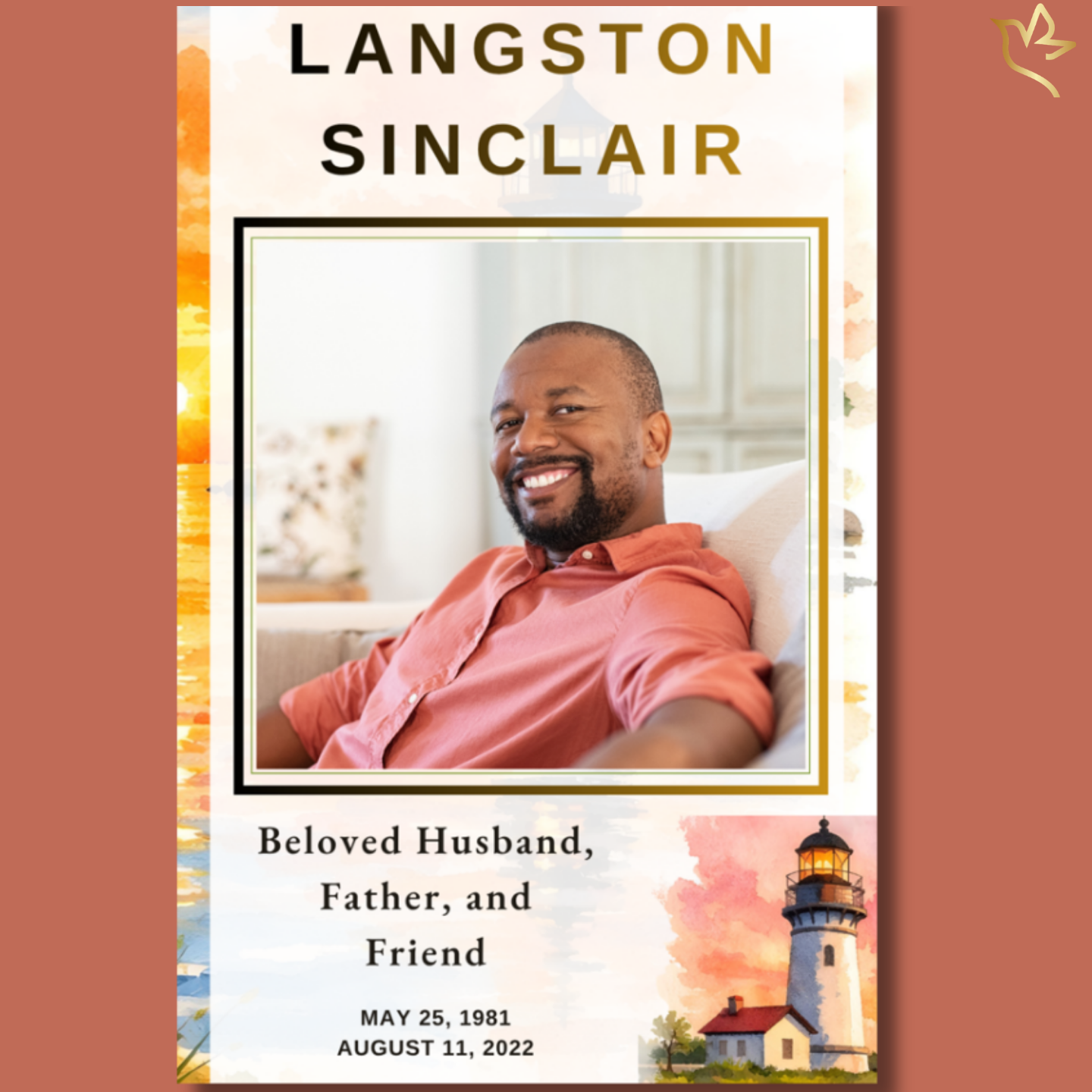 Safe Harbor funeral program template featuring a peaceful lighthouse memorial design with soft watercolor coastal artwork, warm sunrise tones, elegant typography, and a timeless portrait layout created to celebrate the faith, strength, leadership, and enduring legacy of a beloved man.