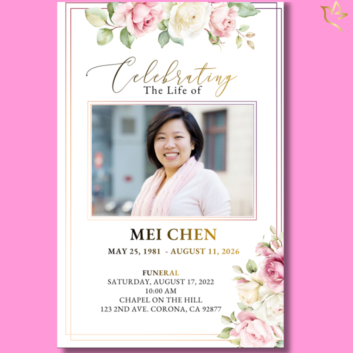 Soft champagne pink memorial cover with elegant rose accents, framed portrait, gold-line borders, and a warm, dignified layout honoring a beloved woman’s life.