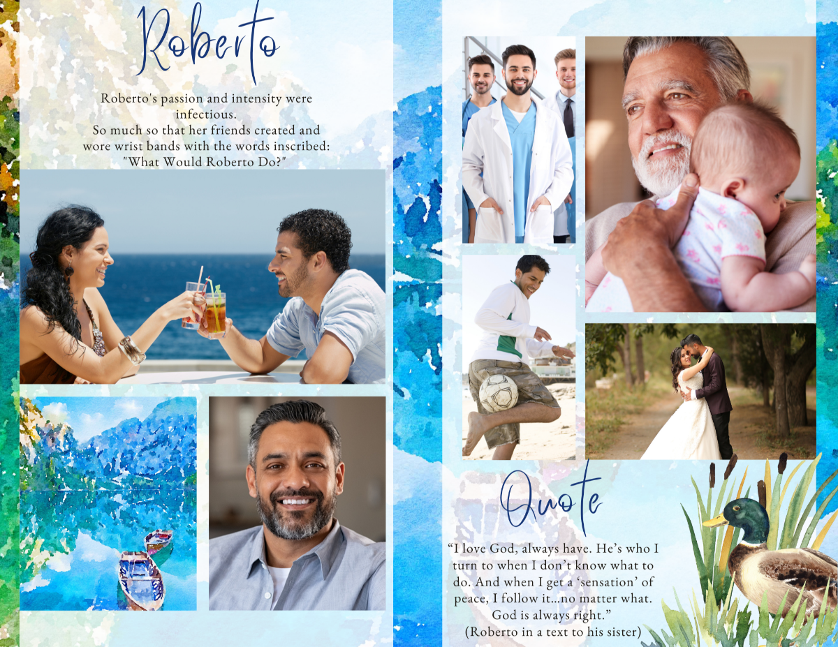 Photo collage page with serene watercolor lake backdrop and gentle forest tones.