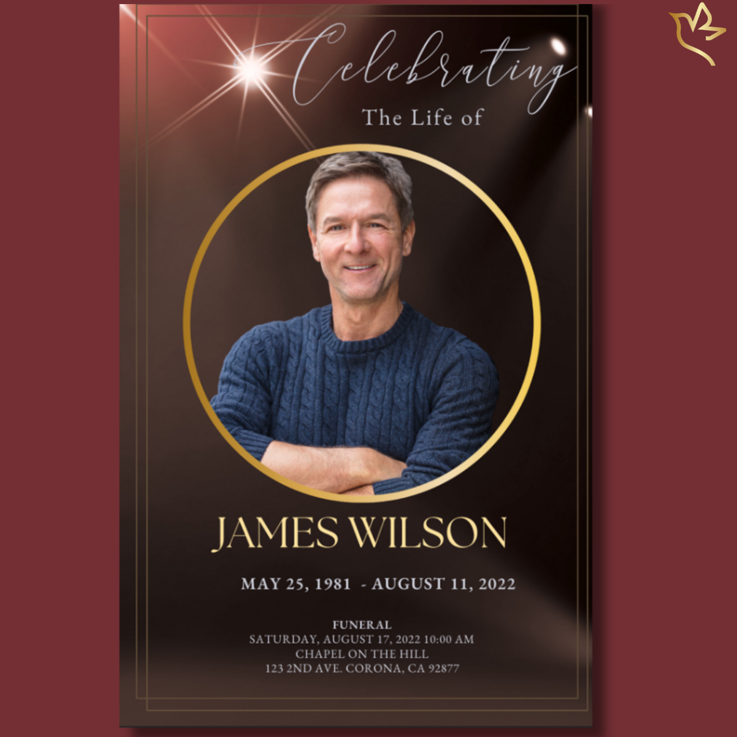 Elegant bronze funeral program cover featuring a centered portrait framed in gold, radiant beams of light above, and refined script typography that honors a life of strength, faith, and enduring love.