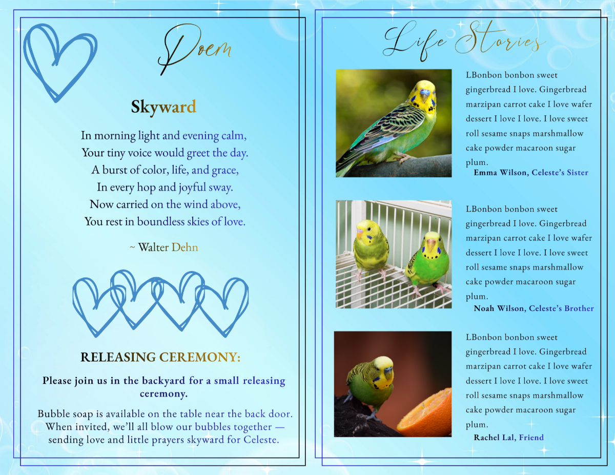 Poem and life story pages featuring bird portraits alongside written tributes and memorial text, arranged in clean, balanced layouts with soft celestial tones.