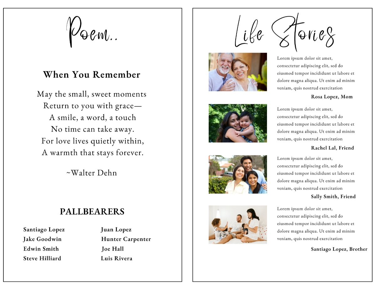 Simply Stunning memorial poem and life stories pages featuring family tributes, personal reflections, pallbearer information, treasured memories, and heartfelt remembrances.