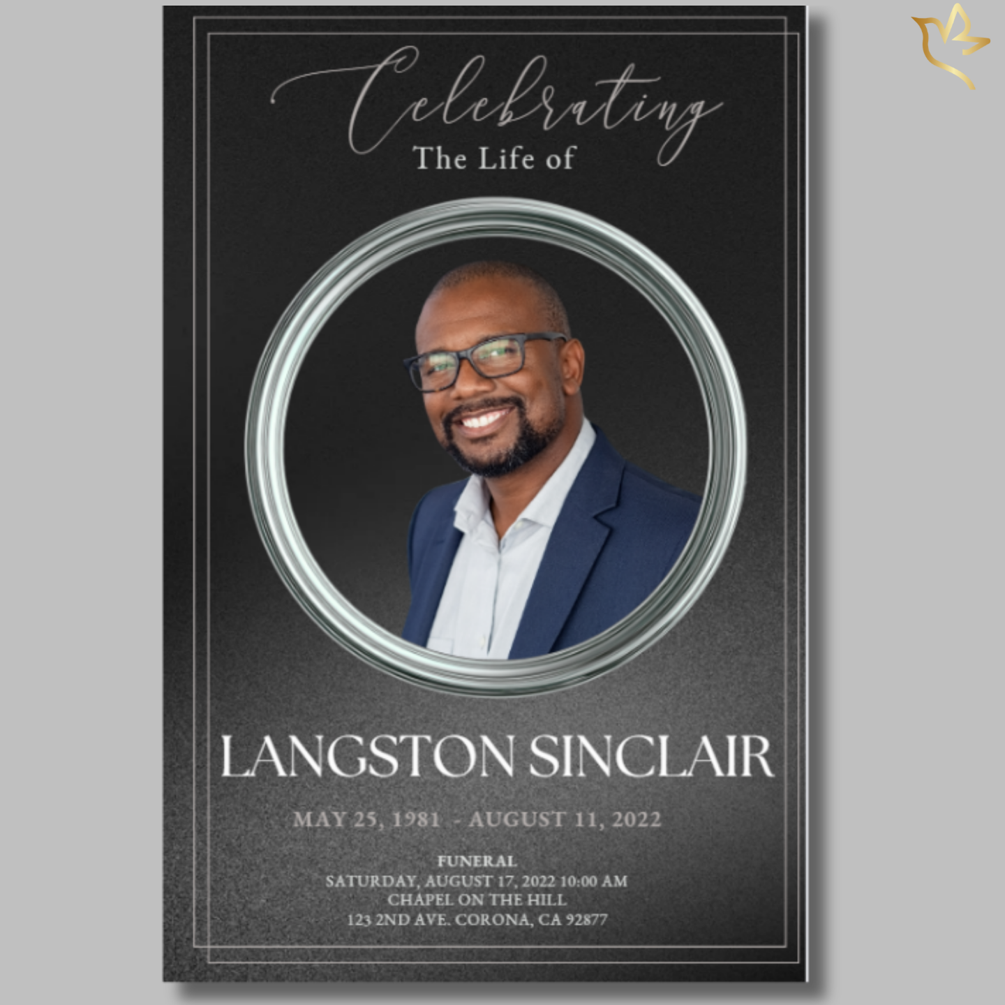 Black and silver memorial program cover featuring circular portrait frame, elegant script title, and clean masculine design for a beloved man.
