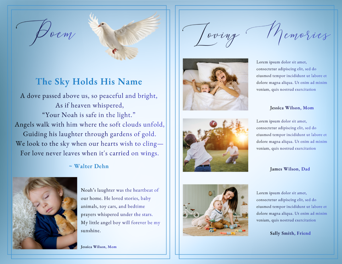 Poem and Loving Memories pages with comforting verse layout, family photographs, and delicate heavenly accents honoring a child’s life.