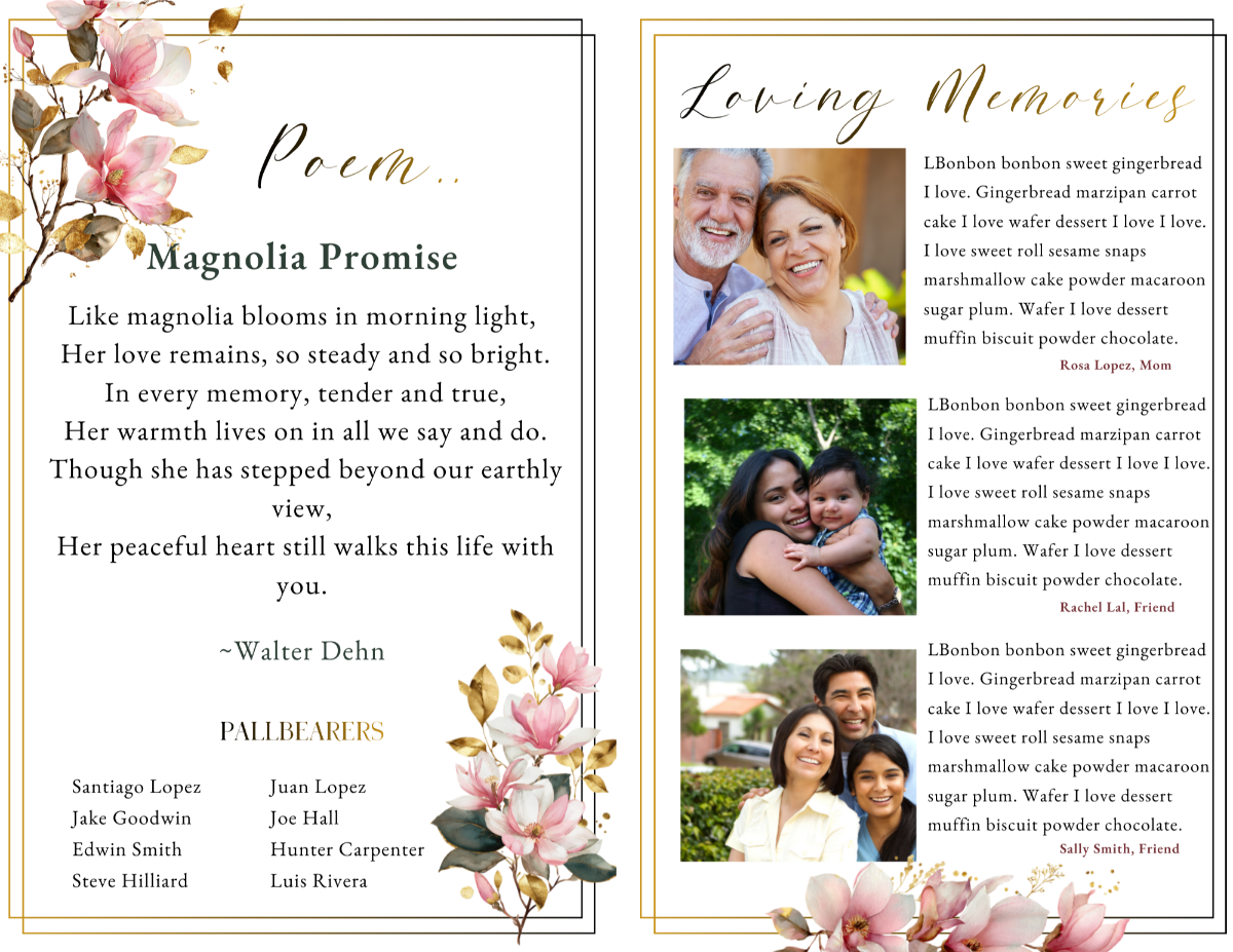 Poem and Loving Memories pages featuring the poem “Magnolia Promise” alongside tribute messages and portrait photography within delicate floral borders.
